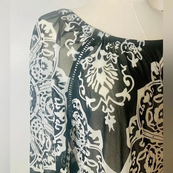 INC Women Printed Ruffled Sheer Peasant Top Henna Emblem Size Petite Large - Picture 3 of 7